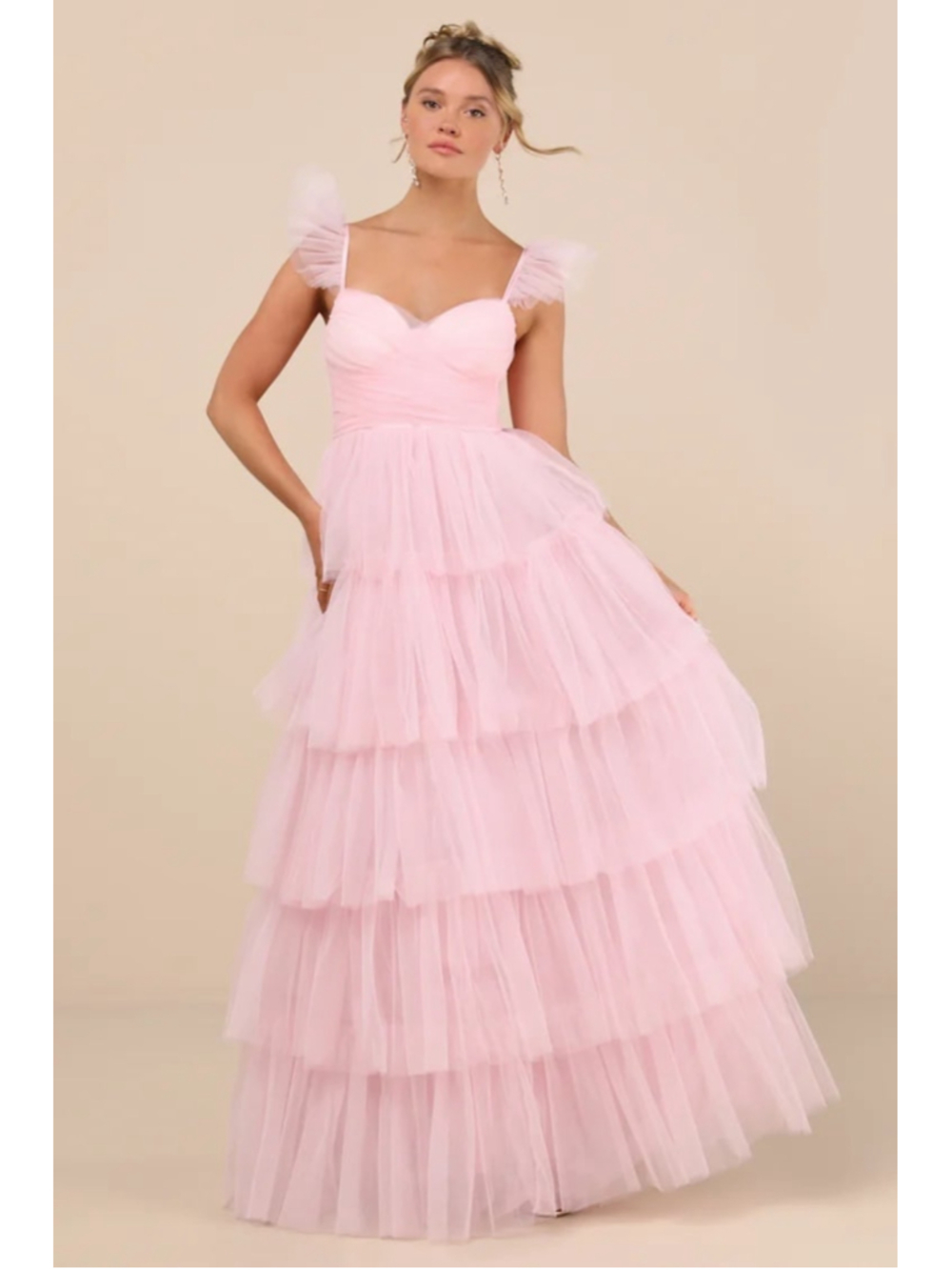 NWT Lulu’s Poise Light Pink Tulle Ruffled Tiered Maxi Dress